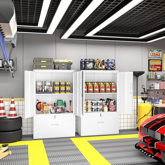 INTERGREAT Metal Storage Cabinet,Metal File Cabinet with Lockable Doors and Adjustable Shelves,Pantry Storage Cabinets for Garage,Home Office,Kitchen(White)