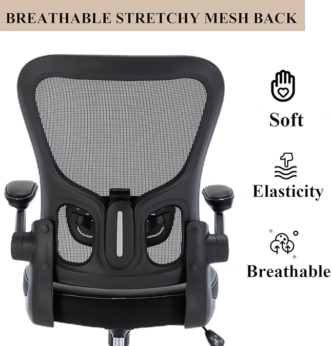 Office Chair, Mesh Ergonomic Desk Computer Chair with PU Leather Flip-up Armrest, Home Task Chair with Lumbar Support, Adjustable Executive Mid Back, Rolling Swivel,Black