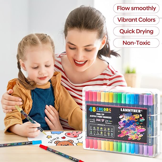 48 Colors Acrylic Markers,Dual Tip Acrylic Paint Markers with Fine Tip and Brush Tip,Acrylic Paint Pens for Rock Painting,Fabric,Crafts,Wood,Glass,Canvas,Plastic,Scrapbook,Art Supplies