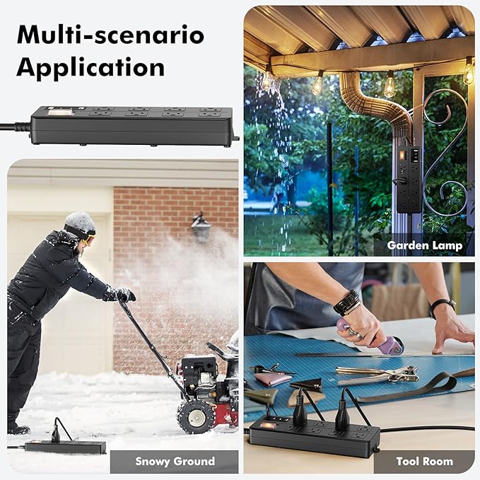 IPX6 Outdoor Power Strip Weatherproof, Waterproof Surge Protector with 8 Wide Outlet with 2A2C USB Ports, 15FT Long Extension Cord, Wall Mountable for Outside Decorations and More UL Listed(Black)