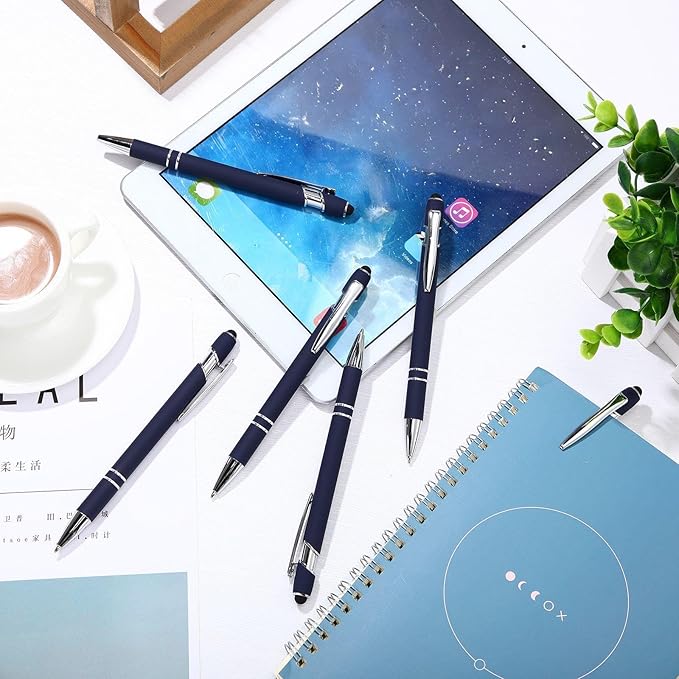 Tenare 12 Pieces 2 in 1 Stylus Metal Ballpoint Pen with Stylus Tip, 1.0 mm Black Ink Ballpoint Pen for Touch Screens(Dark Blue)