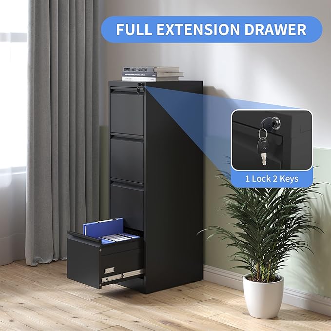 4 Drawer File Cabinet with Lock, Vertical File Cabinet with Lock, Locking File Cabinet Hanging Files for A4/ Legal/Letter, Require Assembly, Black