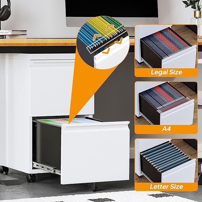 2 Drawer Mobile File Cabinet with Lock Steel Small Rolling File Cabinet Legal/Letter/A4 Size Under Desk Metal Filing Cabinet for Home Office Vertical Filing Cabinet Printer Stand Fully Assembled