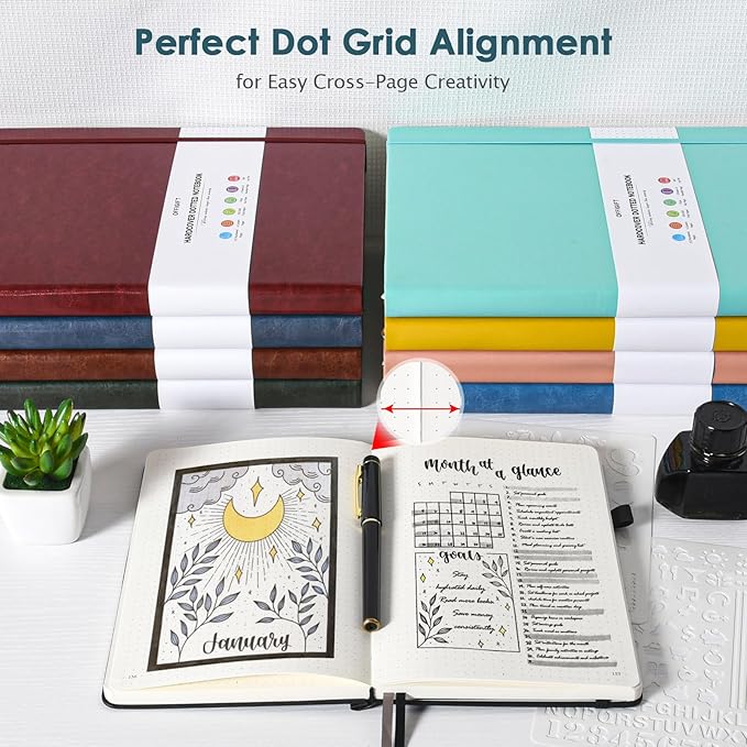 5 Pack Bullet Dotted Journal Notebook, 312 Numbered Pages Dot Grid Notebooks Bulk, 100gsm No Bleed Paper Hardcover Leather Journal, Dot Journal Notebook Set for Women Men School Office, A5, Multicolor