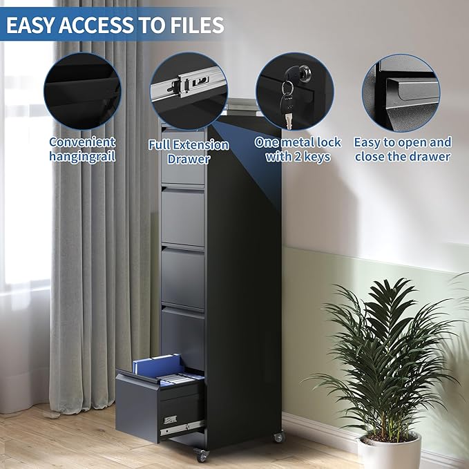 5 Drawer Mobile File Cabinet, Metal Filing Cabinet with Lock and Wheels, Home Office Rolling File Cabinets for Legal/Letter Hanging File Folders, Un-Assembled (Black)