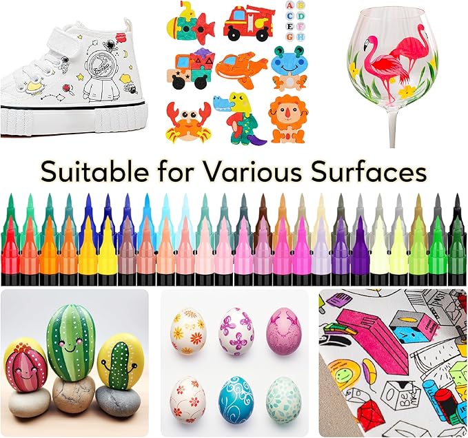 48 Colors Acrylic Paint Markers, Dual Tip with Fine Tip and Brush Tip Pens for Stone, Wood, Calligraphy, Canvas, Ceramic, Metal, Glass, Rock Painting, DIY Crafts