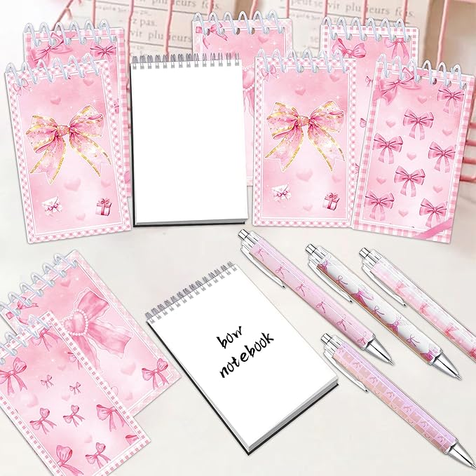 18 PCS Pink Bows Notebook Journal with Pen,Coquette Bow Pocket Notebook & Pen Set Include Ballpoint pen and Cute Small Notebook for Journaling Office Supplies