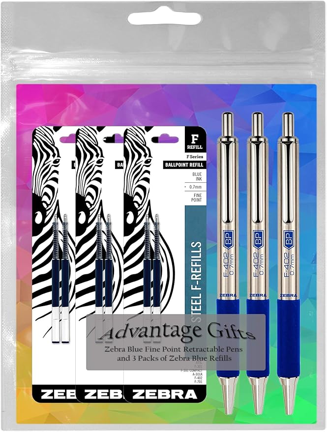 Zebra F-402 Ballpoint Stainless Steel Retractable Pens With Refills, Fine Point, 0.7mm, Blue Ink, 6-Count Bundle with Plastic Reusable Pouch