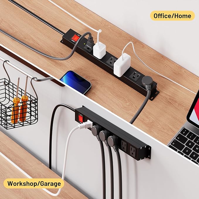 KF 6 Outlet Metal Wall Mount Power Strip, 2100J Surge Protection Heavy Duty Power Strip, 15A/1875W Mountable Power Strips with Upgraded Switch, 14AWG 12FT Power Cord