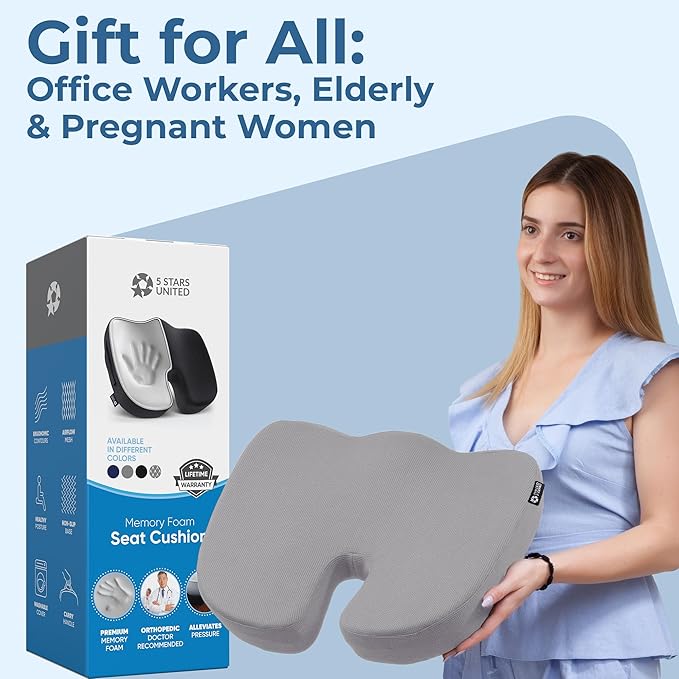 5 STARS UNITED Seat Cushion for Tailbone Pain Relief โ Large Memory Foam Lifting Pillow for Coccyx, Hip, Sciatica & Post-Surgery Recovery โ Wheelchair, Car, Desk, Gaming & Office Chairs, Light Gray