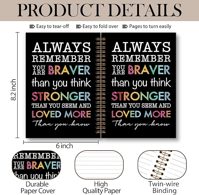 Inspirational Motivational Notebook Journal, Inspirational Gifts Spiral Notebook, You are Brave Motivational Notebooks Gifts for Women, Positive Gifts School Office Supplies, 6x8.2In(Black)