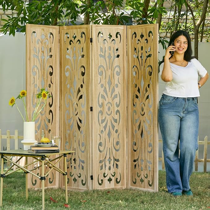 5.6Ft Room Divider Folding Wood Classical Carved Partition Screen for Home Office Garden - 4 Panels (Natural)