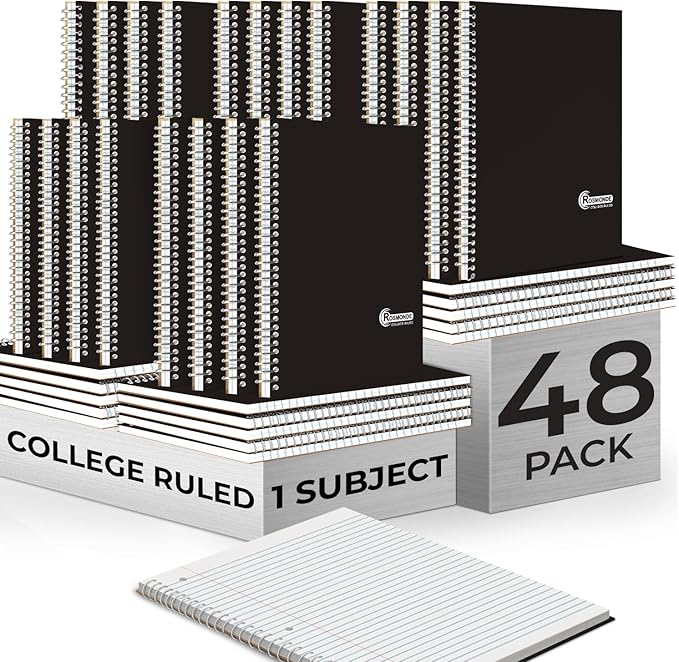 1 Subject Spiral Notebook, 50 Pack, College Ruled, Water Resistant Cover, Thick 140 Pages (70 Sheets), 8 x 10-1/2, 3 Hole Punched, Bulk School & Office, Black Cover