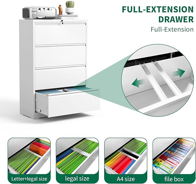 4 Drawer Lateral File Cabinet, Metal Filing Cabinets for Home Office, Steel Storage Wide File Cabinet for Letter/Legal/F4/A4 Size with Hanging Bars, Assembly Required (White)