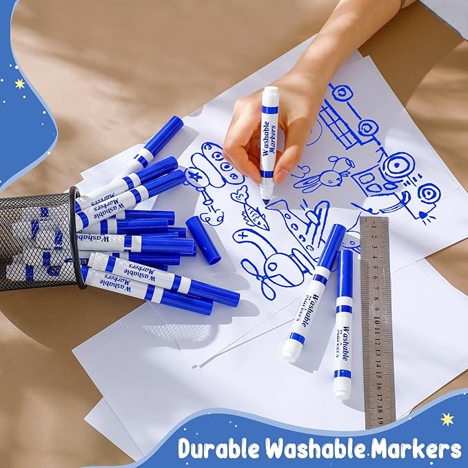 Janlaugh 60 Pcs Blue Washable Markers Bulk Coloring Broad Line Markers for Kids Conical Tip Blue drawing pens for Classroom Back to School travel Art baby shower gender reveal Supplies, Ages 6+