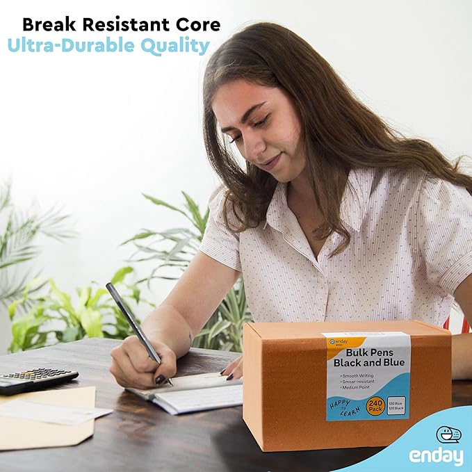 Enday Ballpoint Pens Bulk Blue and Black Pens (400 Pack) 200 Black & 200 Blue - Medium Point (1.0mm) Flexible Round Barrel For Writing Comfort, Pens Bulk for School, Home and Office.