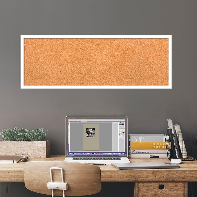 Amanti Art Natural Cork Board for Wall, 13x37 Vision Board with White Frame, Medium Corkboard Office Decor for Home Organization, Modern Corkboard Pinboard to Display Items for Home Organization in