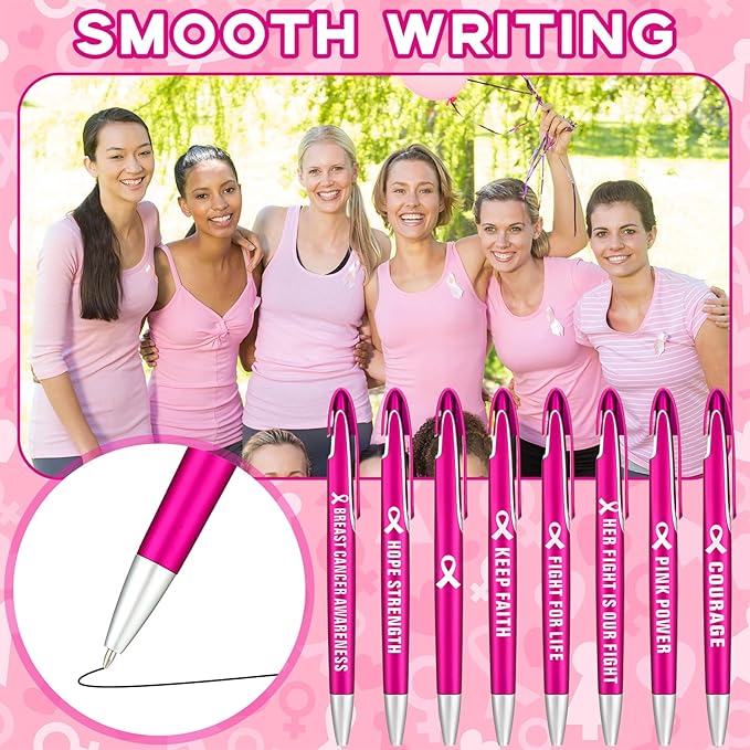 Lincia 100 Pcs Breast Cancer Awareness Ballpoint Pens Bulk Retractable Medium Point Pens with Black Ink Inspiration Thank You Gifts for Teacher, Back to School, Christmas