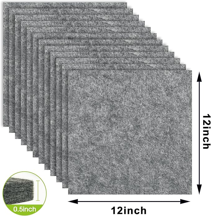 AKTOP Cork Bulletin Board 12x12, 1/2" Thick Felt Cork Board Tiles 12 Pack, Small Square Pin Board for Wall, Self Adhesive Corkboards with 120 Push Pin Wood Clips for School, Home & Office, Grey