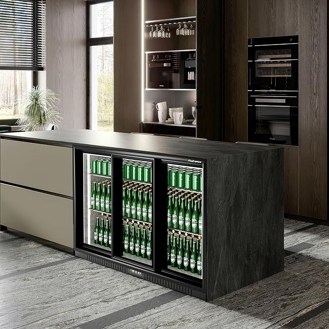 54 in. 335 cans Triple Sliding Door Back Bar Beverage Cooler, 10.8 cu. ft. Under Counter Glass Door Bar Fridge, lockable, 32-50°F Display Refrigerator, ETL & NSF7 Certified