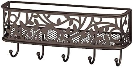 mDesign Wall Mount Metal Entryway Storage Organizer Mail Sorter Basket with 5 Hooks - Letter, Magazine, Coat, Leash and Key Holder for Entryway, Mudroom, Hallway, Kitchen, Office - Bronze