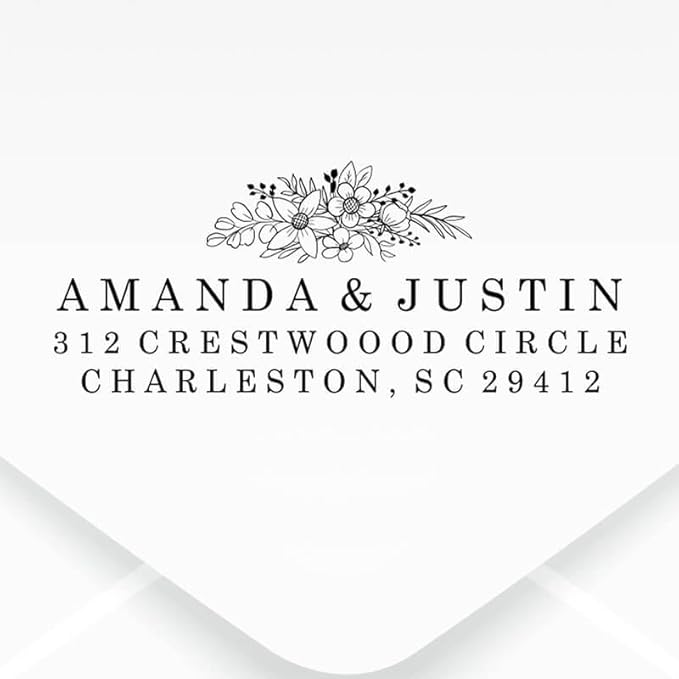 Custom Floral Address Stamp | Choose from 12 Designs | Multiple Ink Color Options | Envelope Return Address Stamp for Couple or Family (Design 5, Medium)