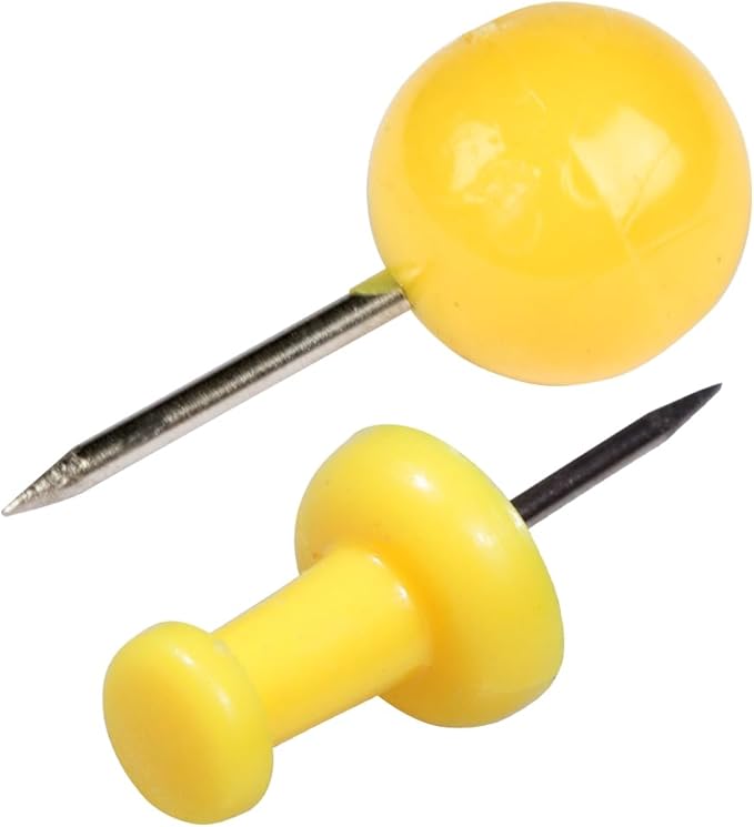 JAM PAPER Colorful Push Pins - Flat & Round Head Thumb Tack Combo Set - Yellow Pushpins - 200/Pack