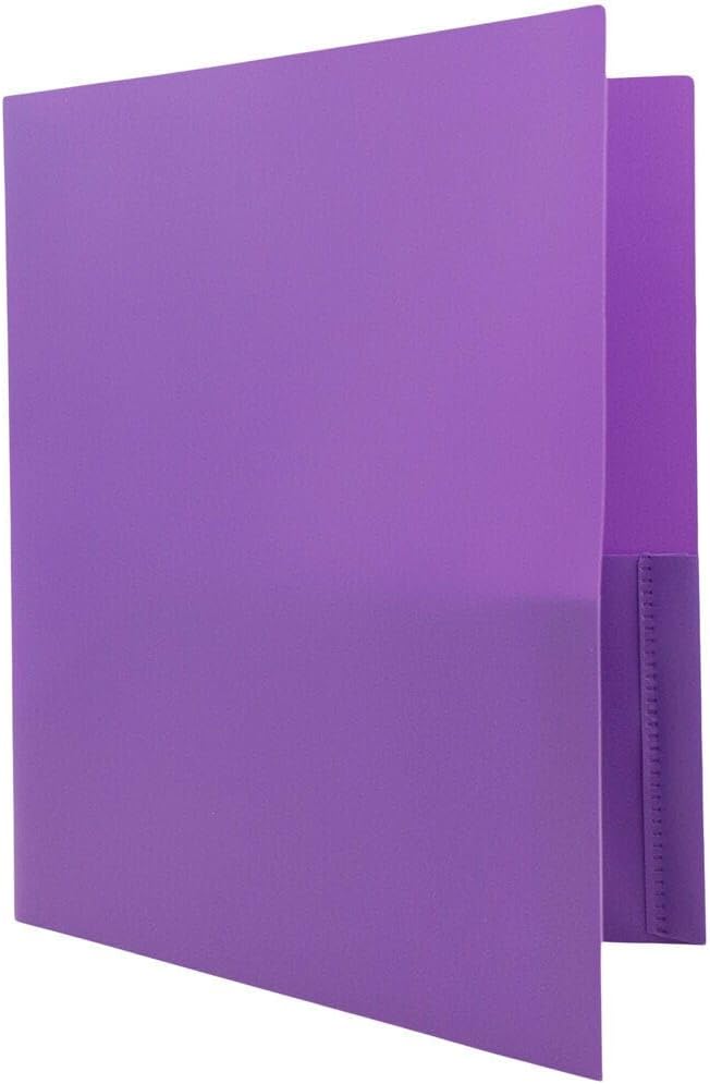 JAM PAPER Plastic 2 Pocket POP Folders - Durable School Folders with Metal Prongs Fastener Clasps - Purple - Bulk 48/Pack