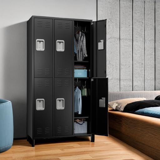 6 Doors Metal Lockers for Employees with Lock, Metal Locker with 18 Hooks for School Garage Office Gym Home,Assembly Required,Black