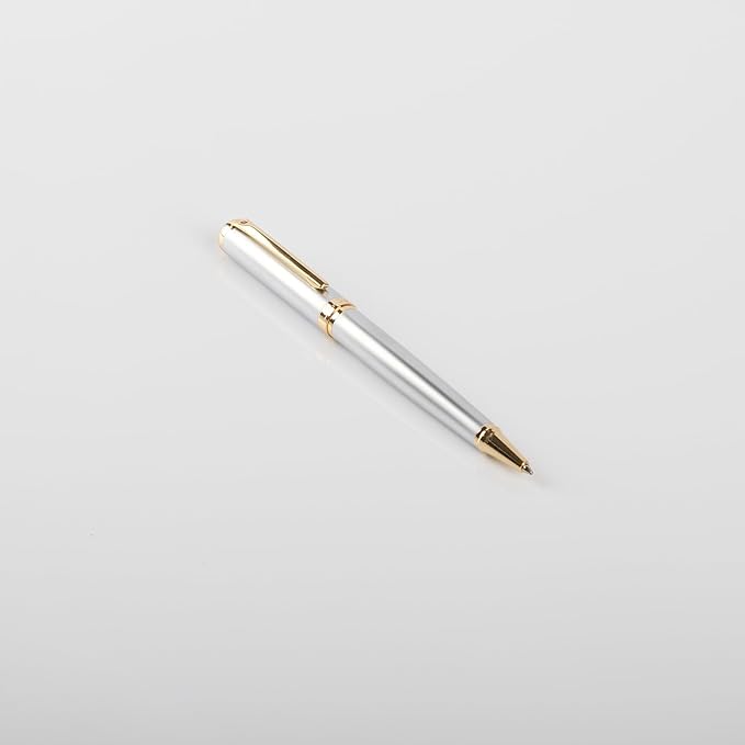 Luxury Ballpoint Pen with 24K Gold Trim, Switzerland Tip Point with Black Ink Refills, Fancy Ball Point Pen Gift Set for Men Women, Nice Writing Pens for Chirtmas,Silver