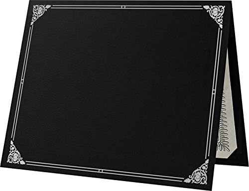 LUXPaper 9.5" x 12" Certificate Holders | Black Linen | Embossed Silver Foil Floral Border | 100lb. Cover | 25 Qty