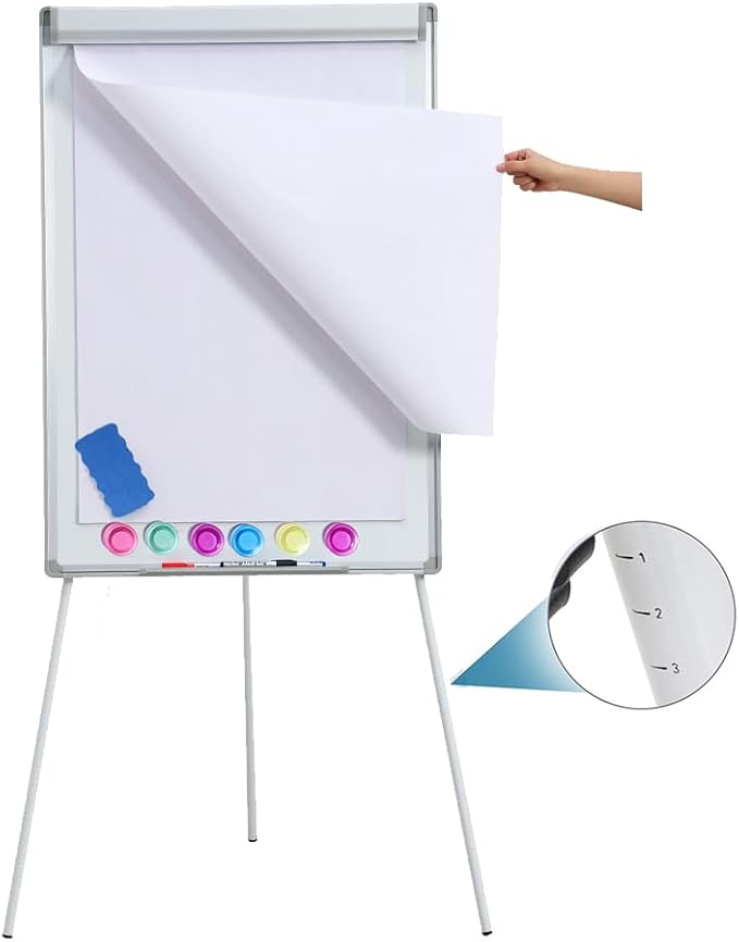 40"x28" Magnetic Dry Erase Board Easel Stand - Adjustable Height Tripod Whiteboard | Includes Flipchart Pad, 6 Magnets & Eraser | Portable Presentation Board for Office, School,White Frame