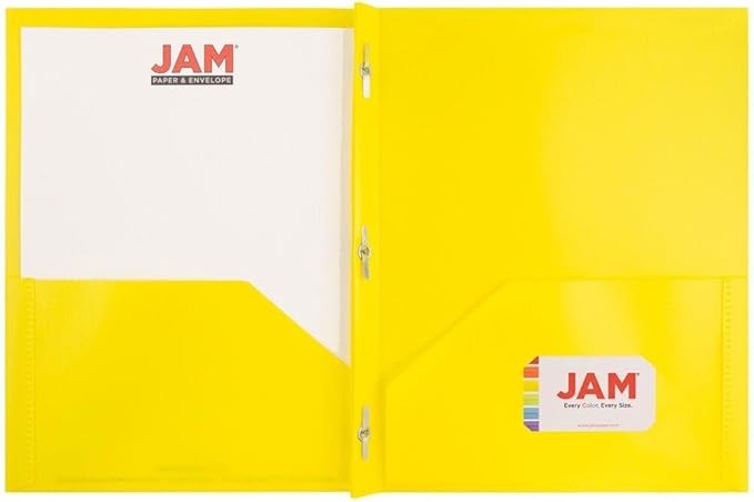 JAM PAPER Plastic 2 Pocket POP Folders - Durable School Folders with Metal Prongs Fastener Clasps - Yellow - Bulk 48/Pack