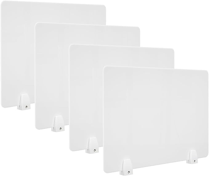 4PCS Acrylic Desk Dividers - 23.6”L x15.8”W White, Office Privacy Partitions with Clamps, Plexiglass Protective Shields for Offices Schools Call Centers