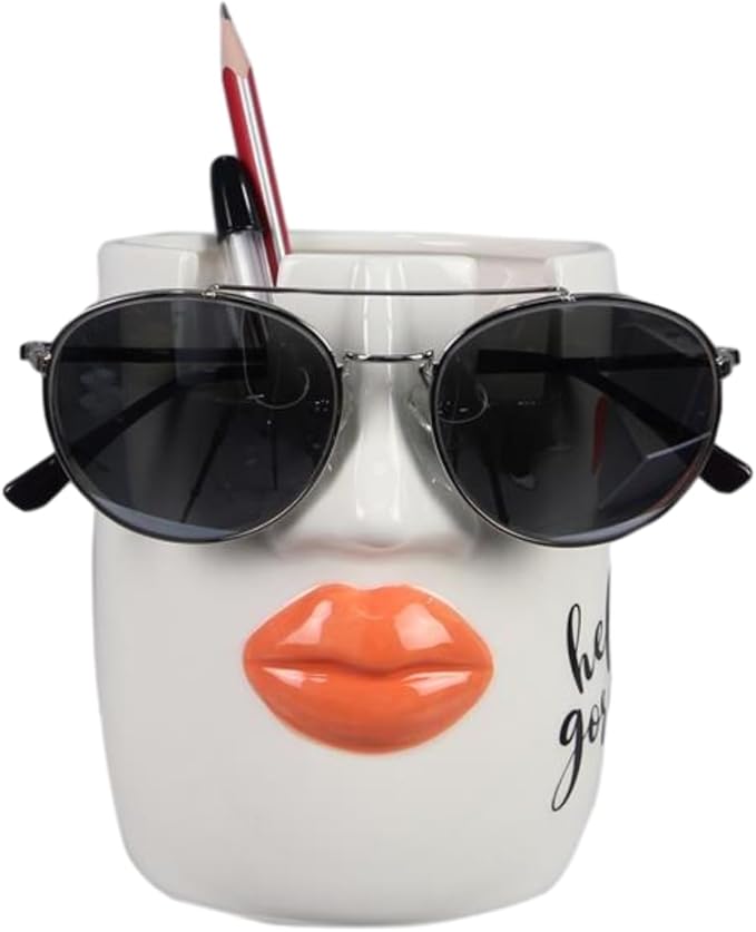 Young's Inc Ceramic Eyeglass and Stationery Holder Cup – White Face Desk Organizer with Sunglass Stand, 5 InchMulti-Purpose Accessories Organizer for Home, Office, Vanity, or Nightstand Decor