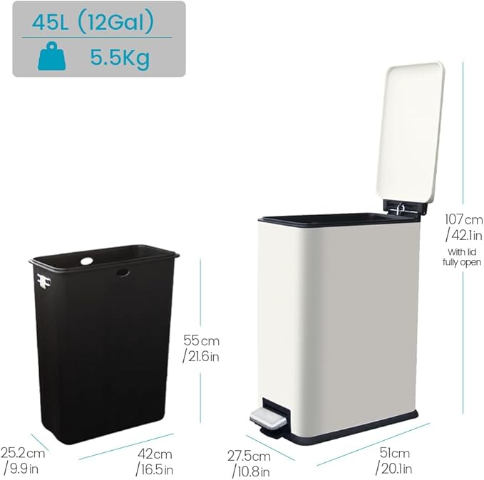 12 Gallon Slim Kitchen Trash Can, Rectangular Trash Can with Removal Inner Bucket and Soft-Close Lid, Foot Pedal, Stainless Steel Garbage Can 45 Liter, White