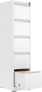 FLIXELIO 5 Drawer File Cabinet with Lock,Metal Vertical Filing Cabinets for Home Office,Heavy Duty File Storage Cabinet for Letter/Legal/A4/F4 Size File,Assembly Require (White, Vertical 5 Drawer)