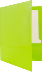 JAM PAPER Laminated Two Pocket Glossy School Folders - Letter Size - High Gloss Lime Green - Bulk 25/Pack