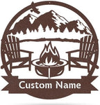 RealSteel Personalized Mountain Campfire Monogram Metal Sign – Custom Family Name Rustic Wall Art for Cabin, Campground, RV & Backyard Fire Pit – Outdoor Camping Décor – Unique Personalized Gift – USA
