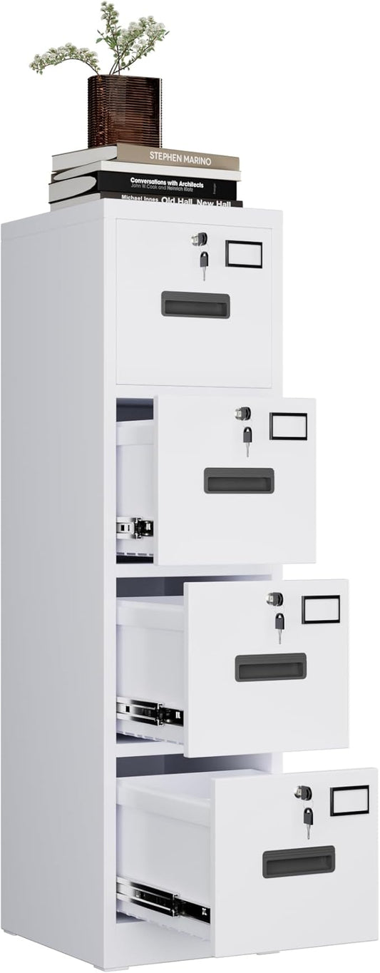 4 Drawer File Cabinet with 4 Independent Locks, Metal Vertical Filing Storage Cabinet for Home Office with Card Holder for Letter/Legal/A4 Folders, Assembly Required, 4 Drawers, White