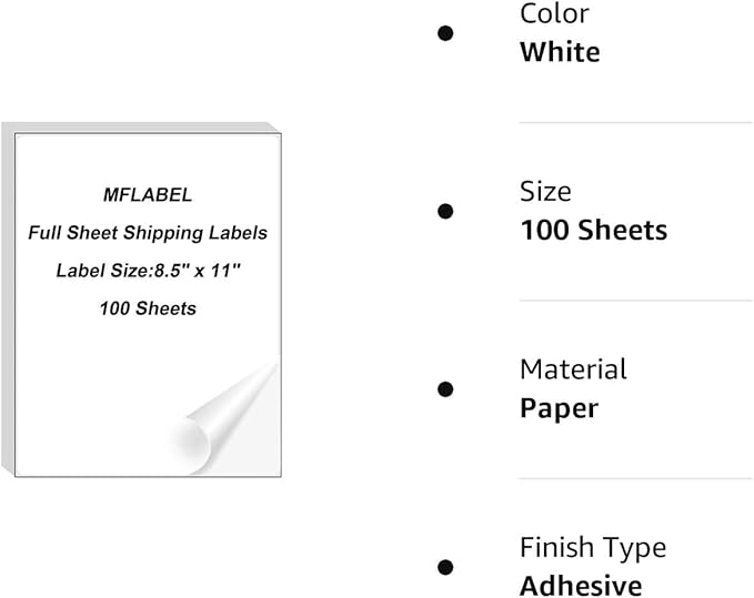 MFLABEL Full Sheet Sticker Label, Address Sticker, White Matte Label Paper, 8-1/2" x 11" Shipping Labels for Laser & Inkjet Printer (1800 Labels, 1800 Sheets)