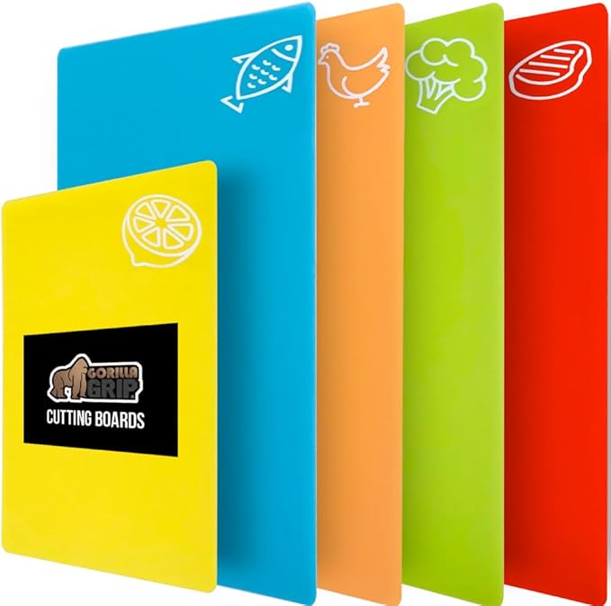 GORILLA GRIP 100% BPA-Free Flexible Cutting Board Set of 5, Durable Plastic Mats with Food Icons for Meal Prepping, Large and Mini Kitchen Chopping Mat, Use for Meat Fish Vegetables Fruit, Multicolor