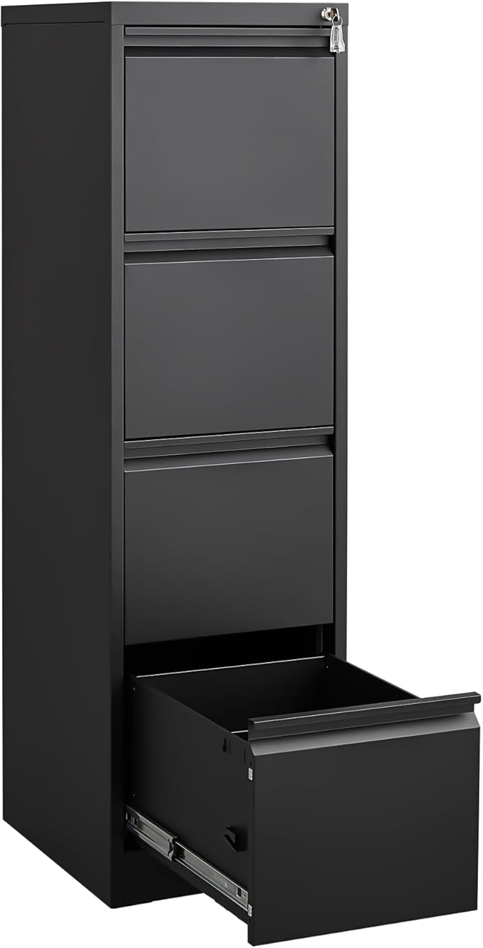 4 Drawer File Cabinet with Lock, Vertical File Cabinets for Home Office, Metal Filing Cabinets, Heavy Duty Steel Lockable Filing Storage Cabinet for Letter/Legal/A4/F4 Size Files, Black