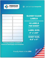Premium Label Supply Glossy Clear Mailing Labels – 4" x 1.33" – Laser/Inkjet Compatible – (14 per Sheet), 10 Sheets – 140 Total Adhesive Labels