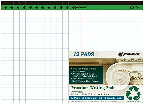 KAISA Thick Legal Pad Premium Writing Pads With Thick Chipboard Back Support, Wide Ruled 8.5x11 inch 20lb Recycled Paper Legal Pads, 50sheets/Pad,12pad, KSU-6917