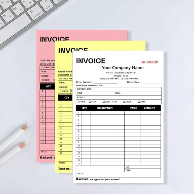 Custom Carbonless Sales Invoice Form Books for Small Business, Personalized NCR 2-Part Receipt Book with Carbon Copies, Cover Add Company Name, Address and Number Printed