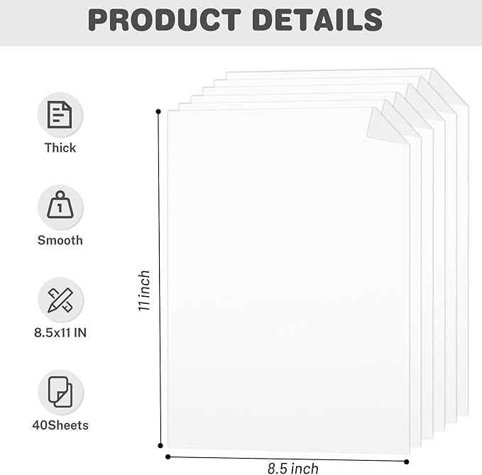 White Cardstock 8.5 X 11, 40 Sheets Card Stock, 75lb/ 200gsm Copy Paper, Cardstock Printer Paper For Art, Drawing, Invitations, DIY Cards, Watercolor, Craft, Construction, School & Office Supplies