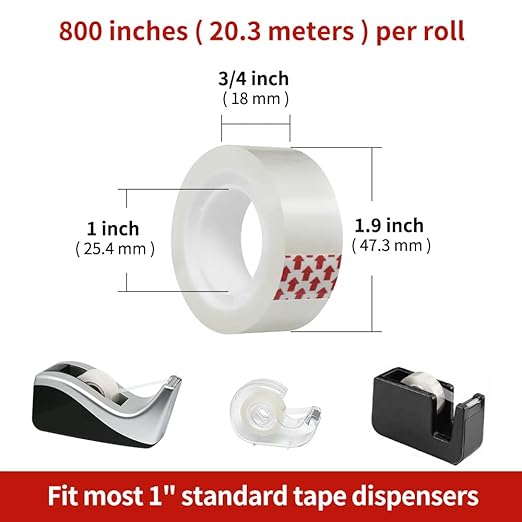 Turxayox 24 Rolls Transparent Tape Refills, Clear Tape, 3/4 x 800 Inches, Glossy Gift Wrapping Tapes for Dispenser, Office, School, Home