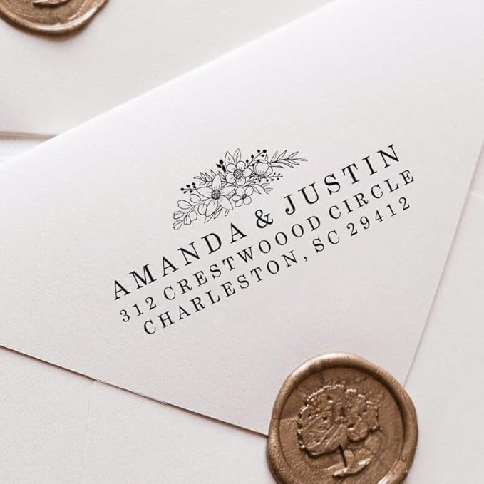Custom Floral Address Stamp | Choose from 12 Designs | Multiple Ink Color Options | Envelope Return Address Stamp for Couple or Family (Design 5, Large)