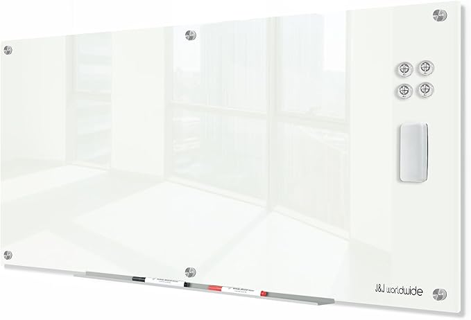 J&J worldwide Glass Dry Erase Board 6' x 3', Glass Whiteboard Magnetic, Large Frameless Glass White Boards for Walls, Includes Magnets, Marker Tray, Eraser for Office, Home, School